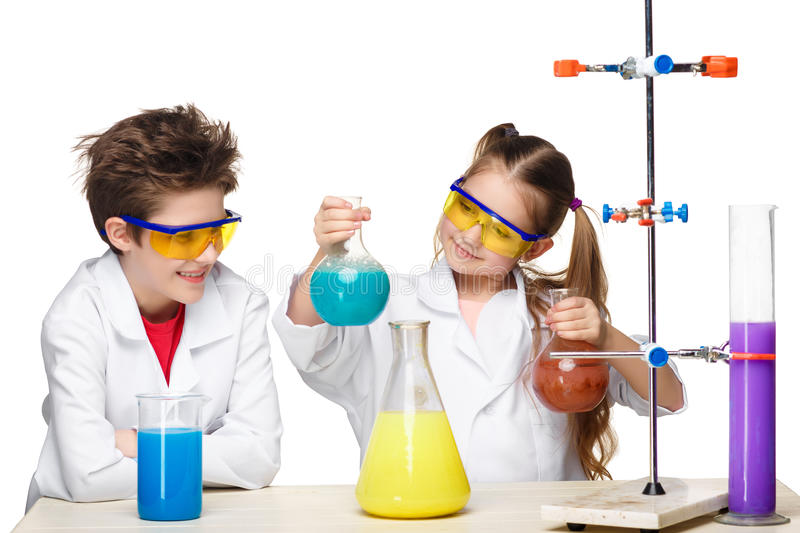 two cute children chemistry lesson making experiments isolated white background 52631517